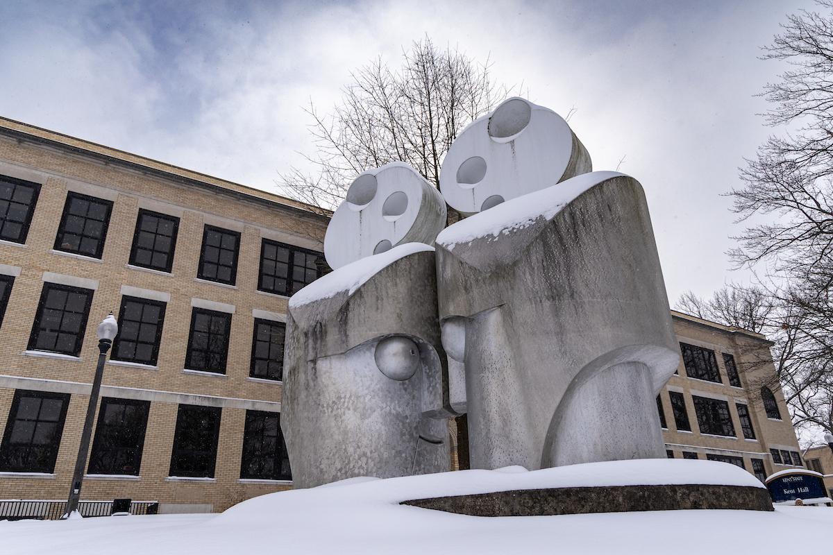 A snow-covered sculpture on Front Campus.