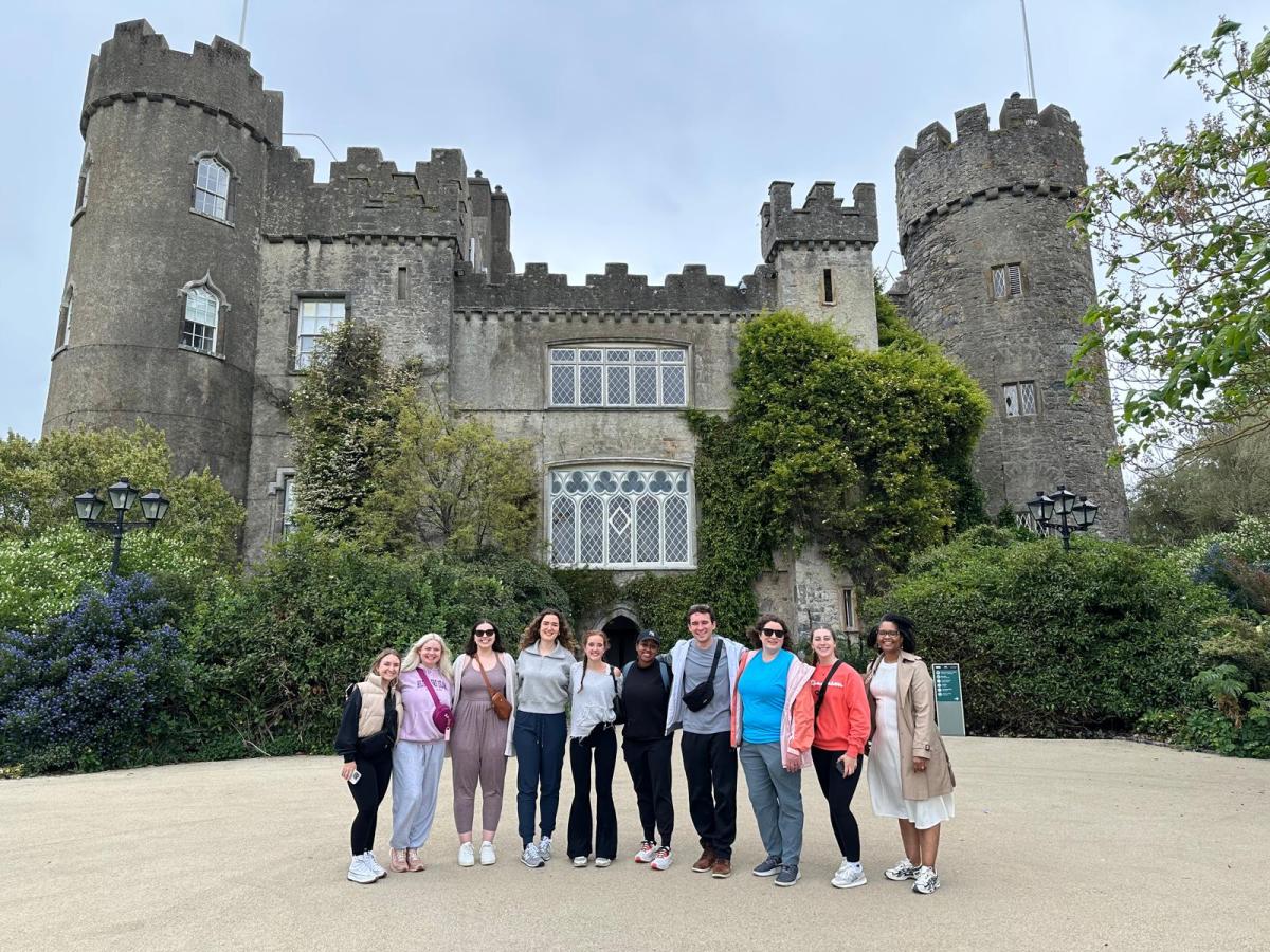 Group photo of the students in front of a castle in Ireland.