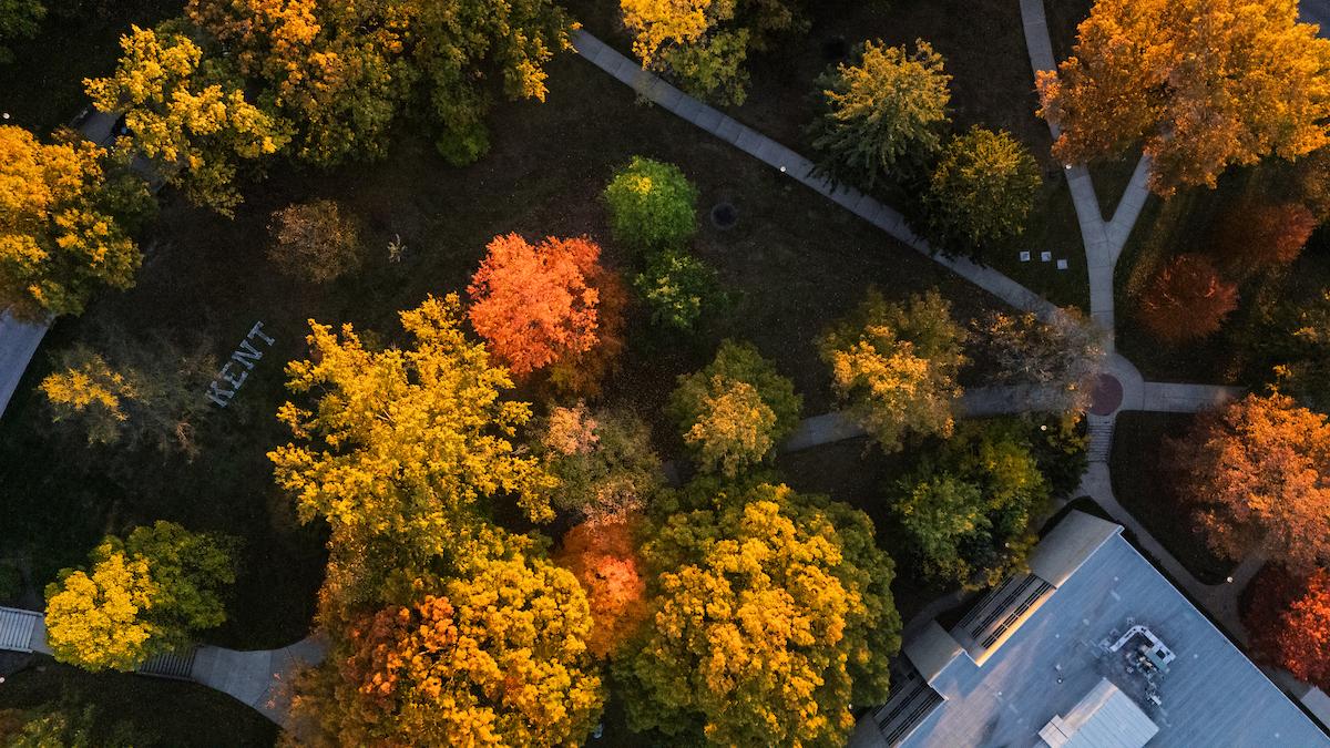 Drone shot of fall colors on Kent's front campus.