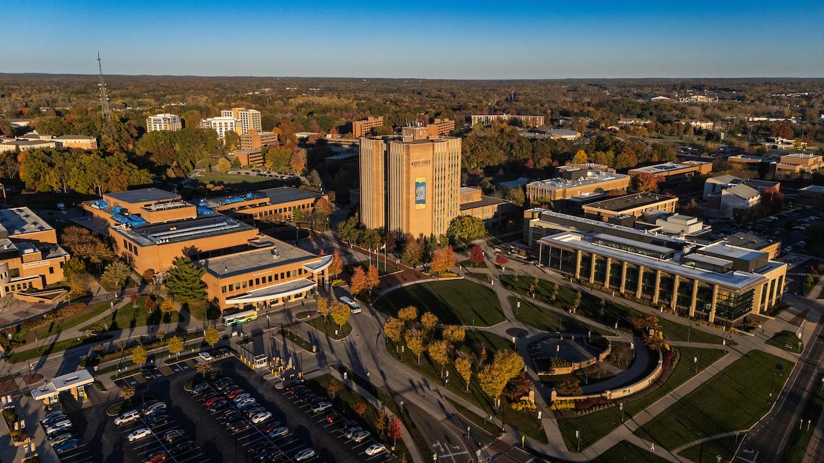 Drone shot of the center of campus, featuring fall colors.