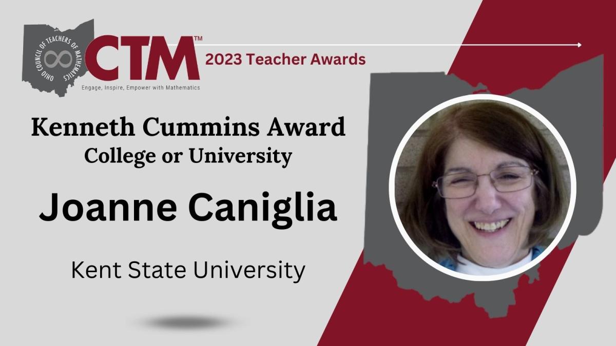 OCTM 2023 Teacher Awards graphic with a photo of Joanne Caniglia for the Kenneth Cummins Award.