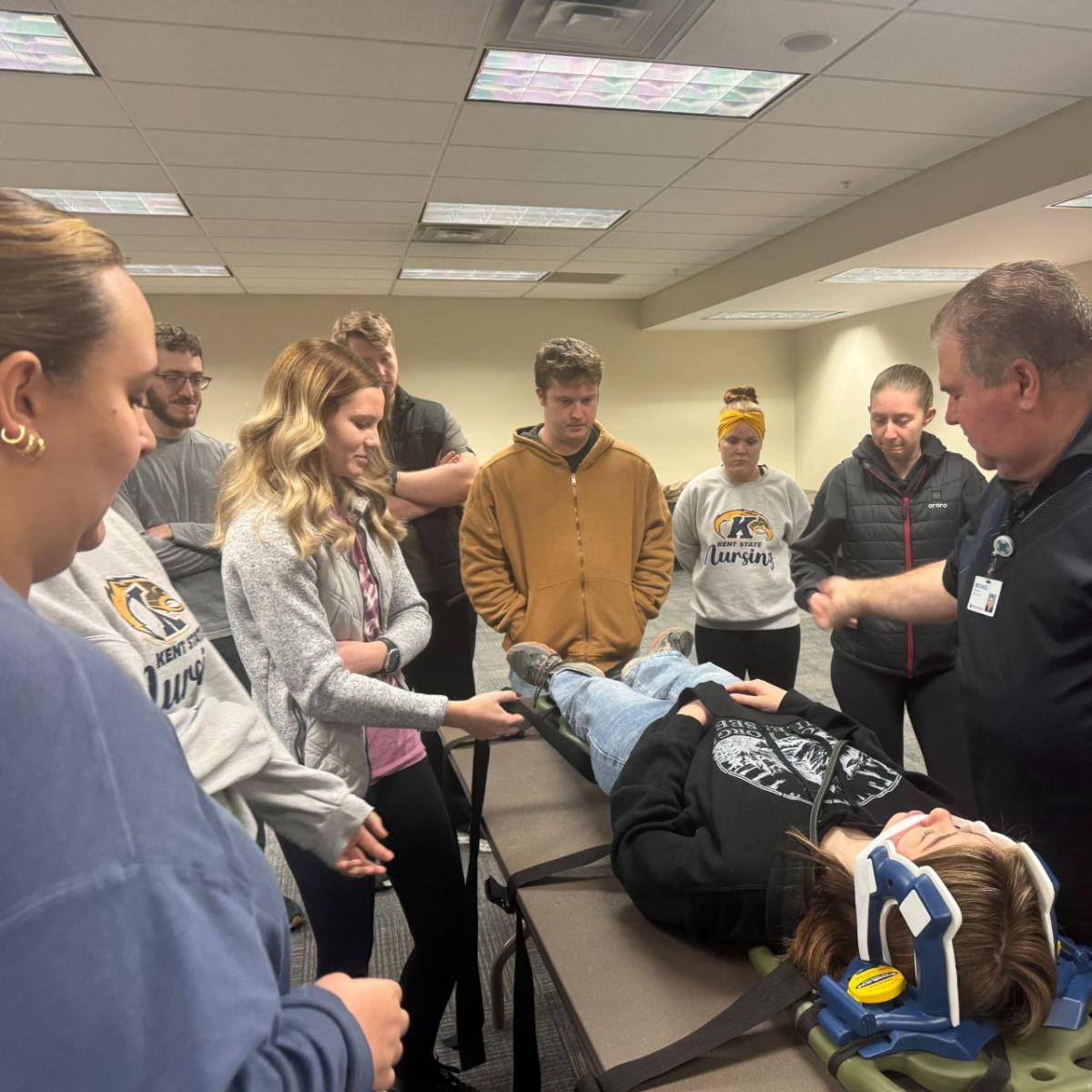 Students at �������� at Trumbull participating in disaster drill training. 