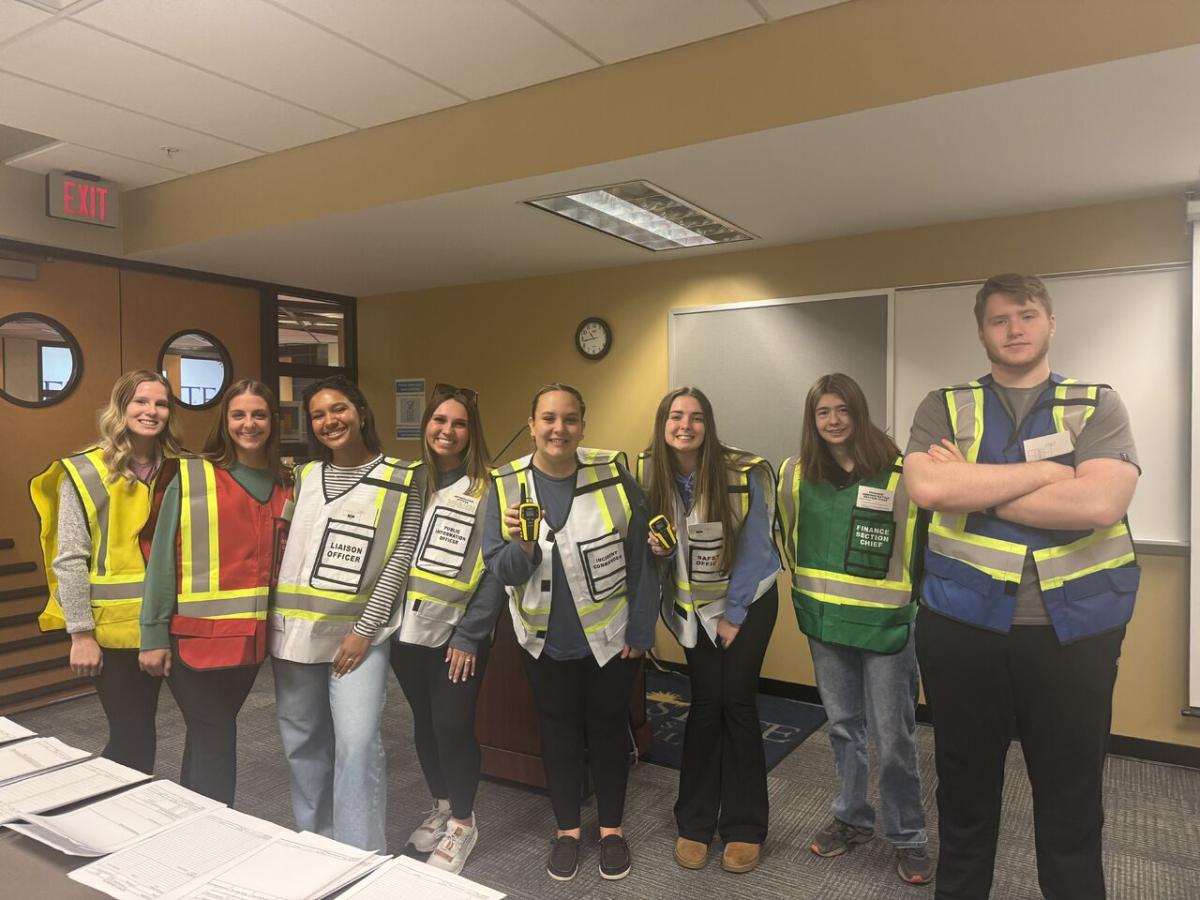 Students at �������� at Trumbull participating in disaster drill training. 