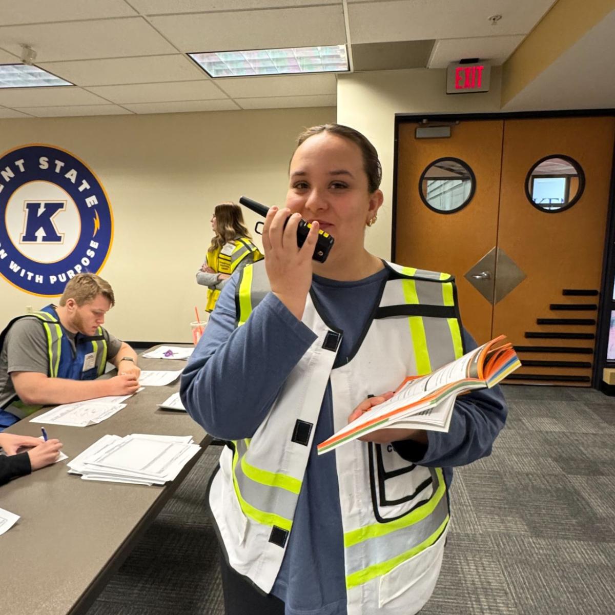 Students at �������� at Trumbull participating in disaster drill training. 