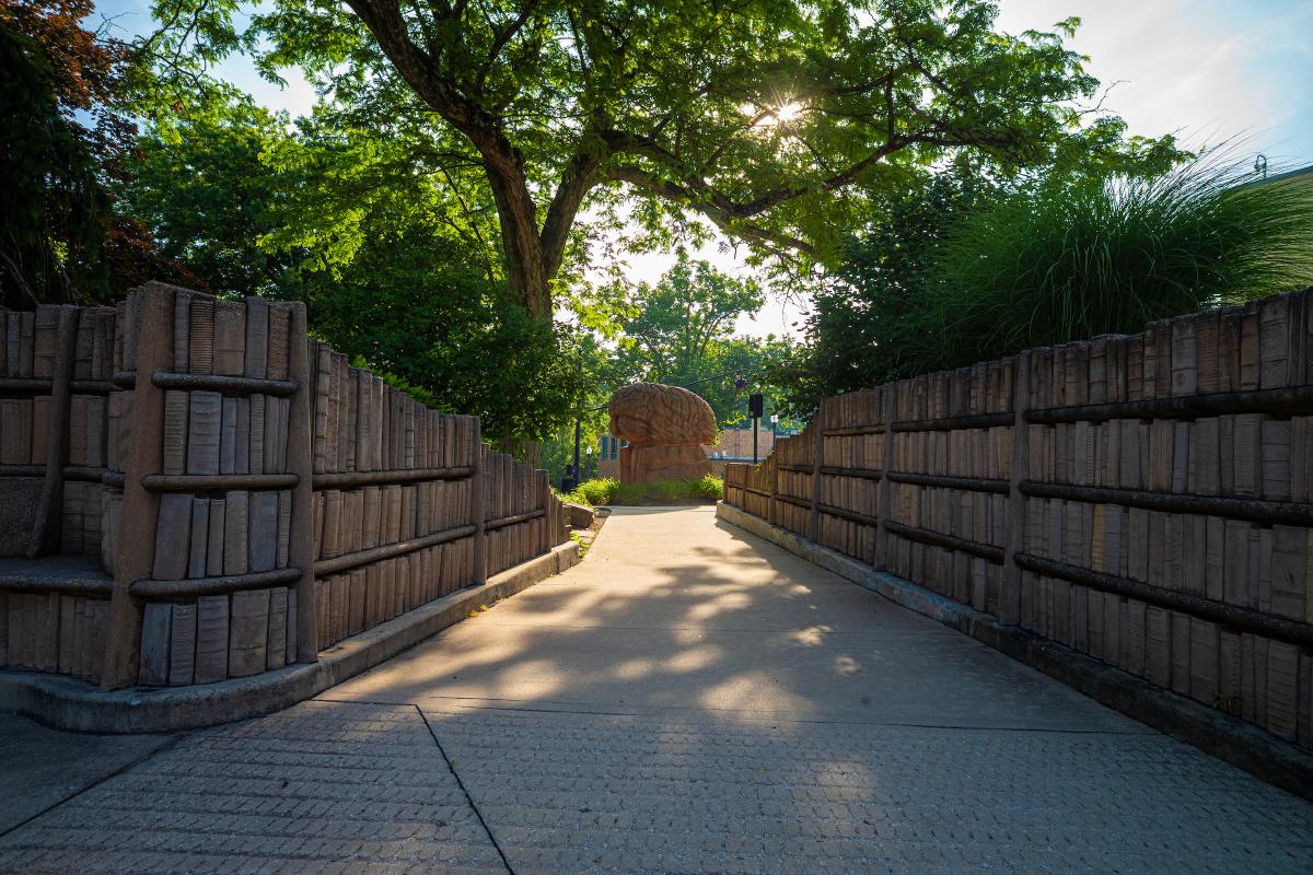 A serene pathway at The Behind the Brain Plaza flanked by tall books, with lush greenery and sunlight filtering through the trees overhead.