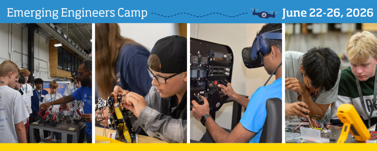 Three images of kids engaged in various activities including listening to a presentation about robotics, building a small robot, and sitting in an augmented reality flight simulator
