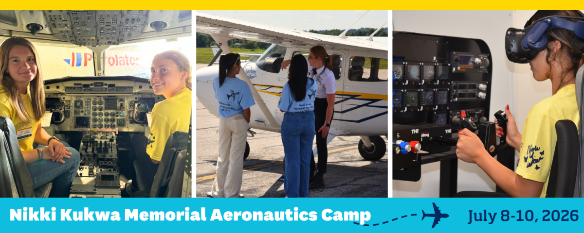 A collage of four images showing high school girls learning basics of flight in airplanes and flight simulators