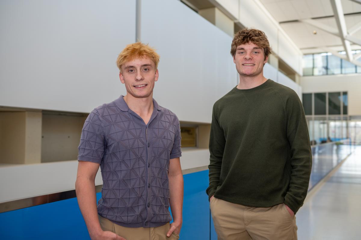 Twins Ray and Will Maynard, pictured here in the Integrated Sciences Building, are studying for the Medical College Admissions Test.