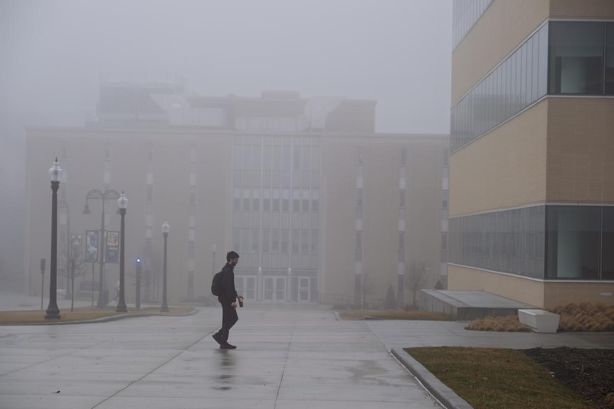 A foggy scene on the Kent Campus.