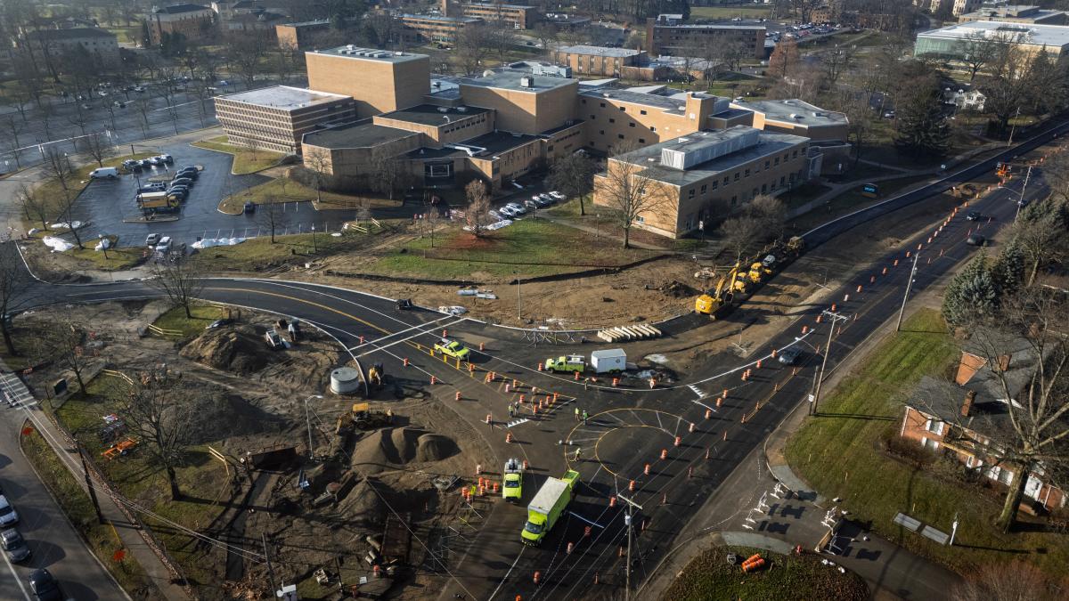 The aerial photo shows the new temporary roundabout at East Main Street and Horning Road, which is part of an ongoing road construction project.