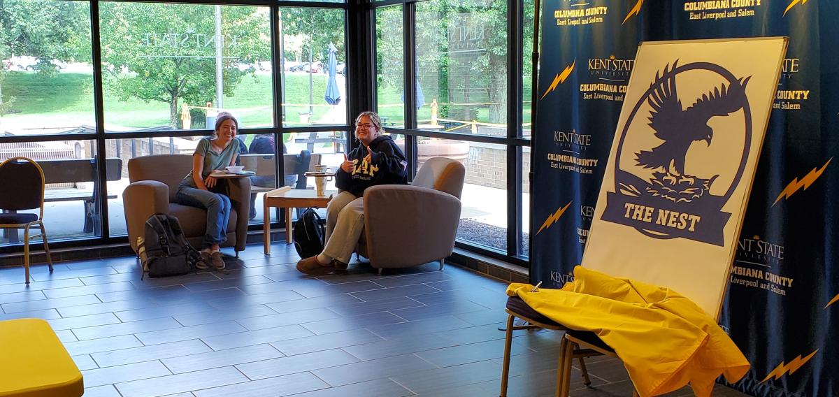 Kent State Salem students enjoying The Nest lounging area  