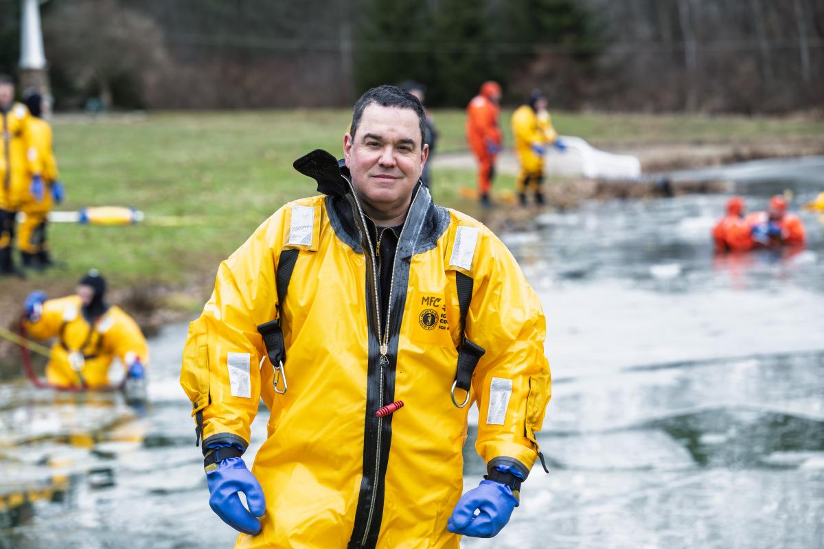 William Kalkhoff at a Portage County Water Rescue Team training exercise in Edinburg, Ohio