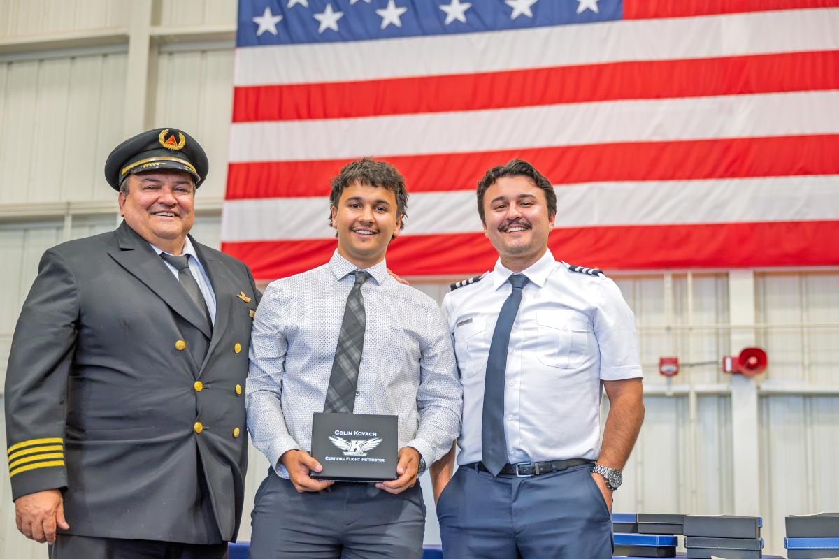 Colin Kovach received his CFI wings from his father, Pete Kovach, ’89, a Delta Air Lines captain, and his brother, Peter Kovach, ’22, a Goodyear airship pilot. 