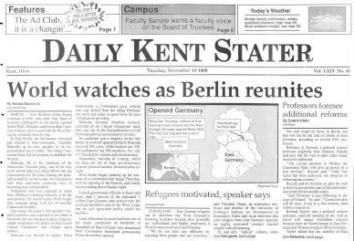 1989 issue of the Daily Kent Stater chronicles the fall of the Berlin Wall