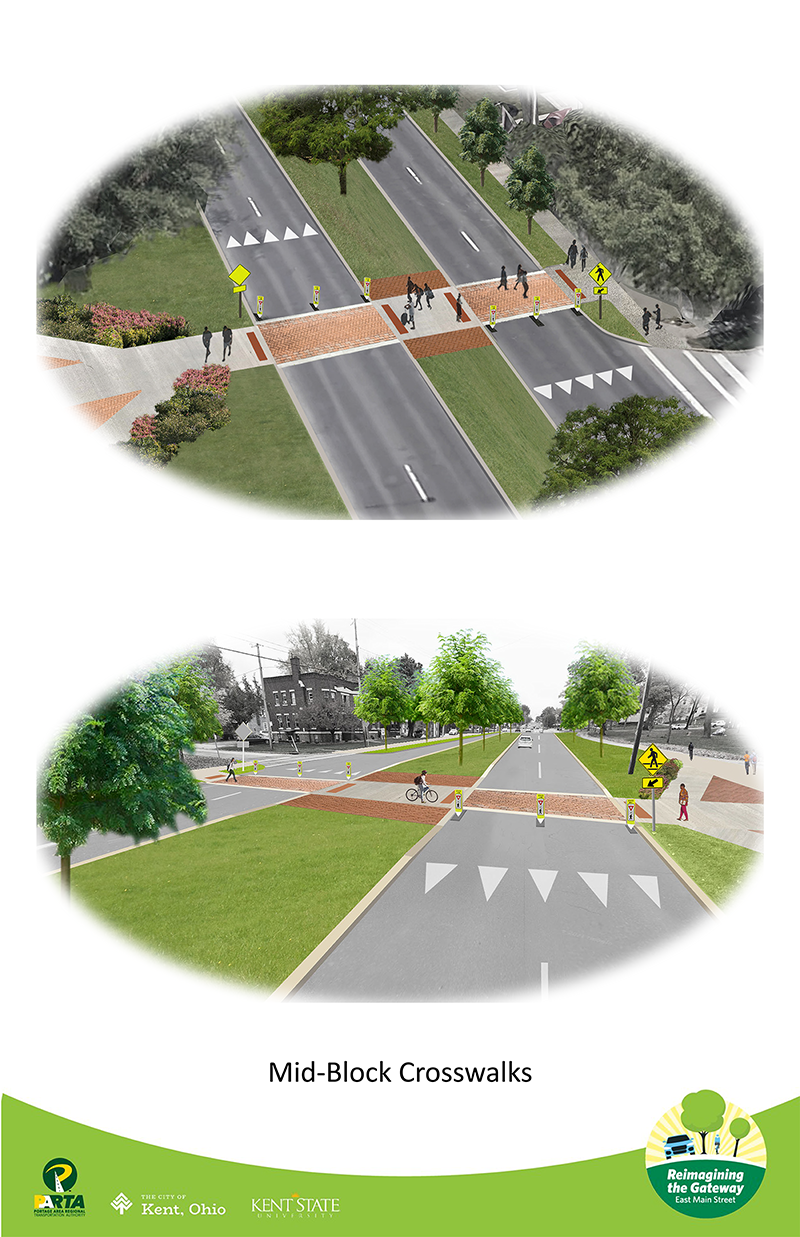 A rendering of mid-block crosswalks that will be part of the East Main Street improvements. A rendering of mid-block crosswalks that will be part of the East Main Street improvements.