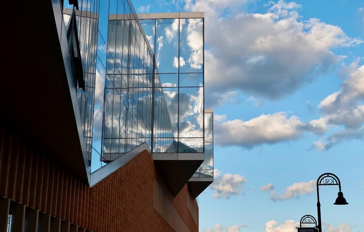 Blue skies above The Esplanade and The College of Architecture and Environmental Design.