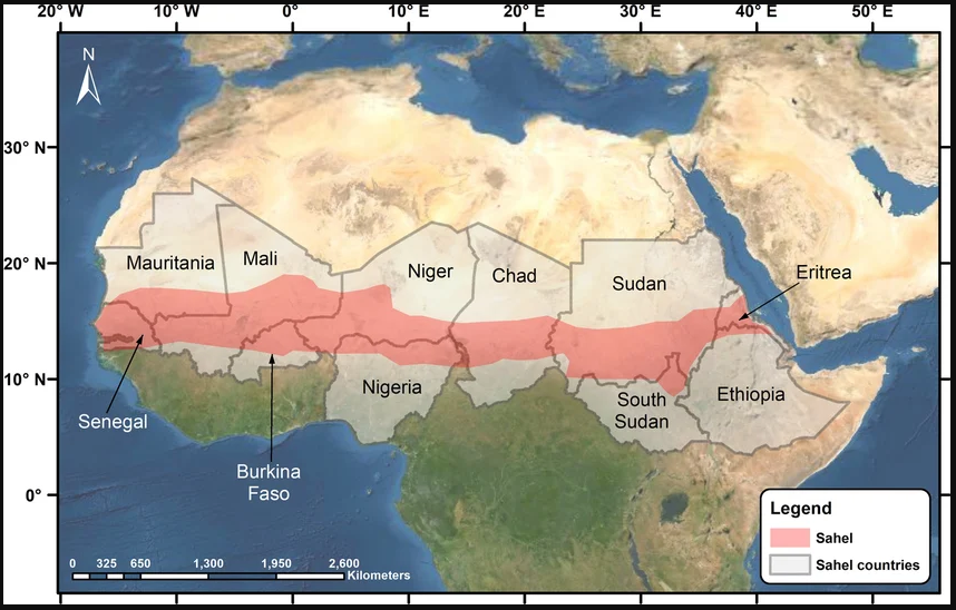 Map displaying the Sahel region and countries included in it in Africa