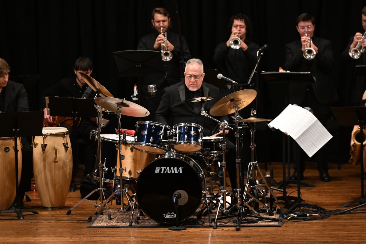 Bobby Sanabria on stage with Kent State's Jazz Ensemble