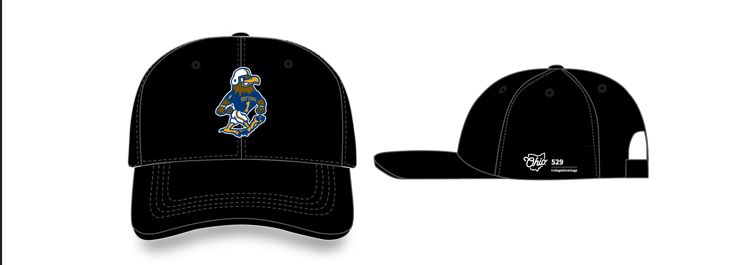 Front and side view of black baseball cap with Flash the Eagle embroidered on the front of the cap