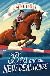 Book cover showing girl riding horse jumping with title Bea and the New Deal Horse