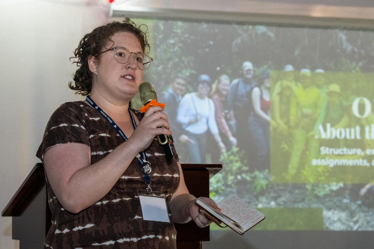 91���� graduate student Camille Tinnin gives a presentation on peace through storytelling, on July 12 at Peace Education in an Era of Crisis, a global peace conference being sponsored by 91����, the University of Rwanda and the Aegis Trust.