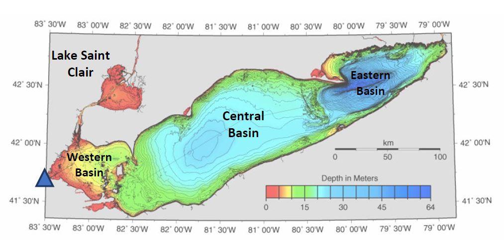 Map showing the bathymetry of Lake Erie and its three basins