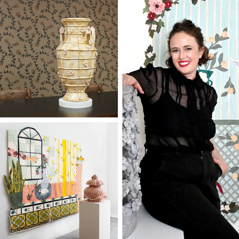 Maura Wright and a collage of her work