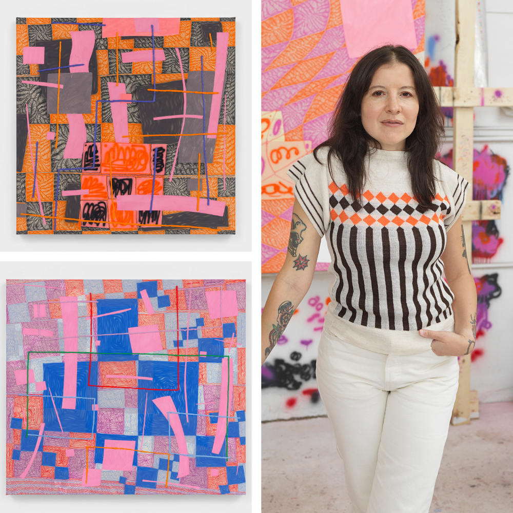 Trudy Benson and a collage of her work