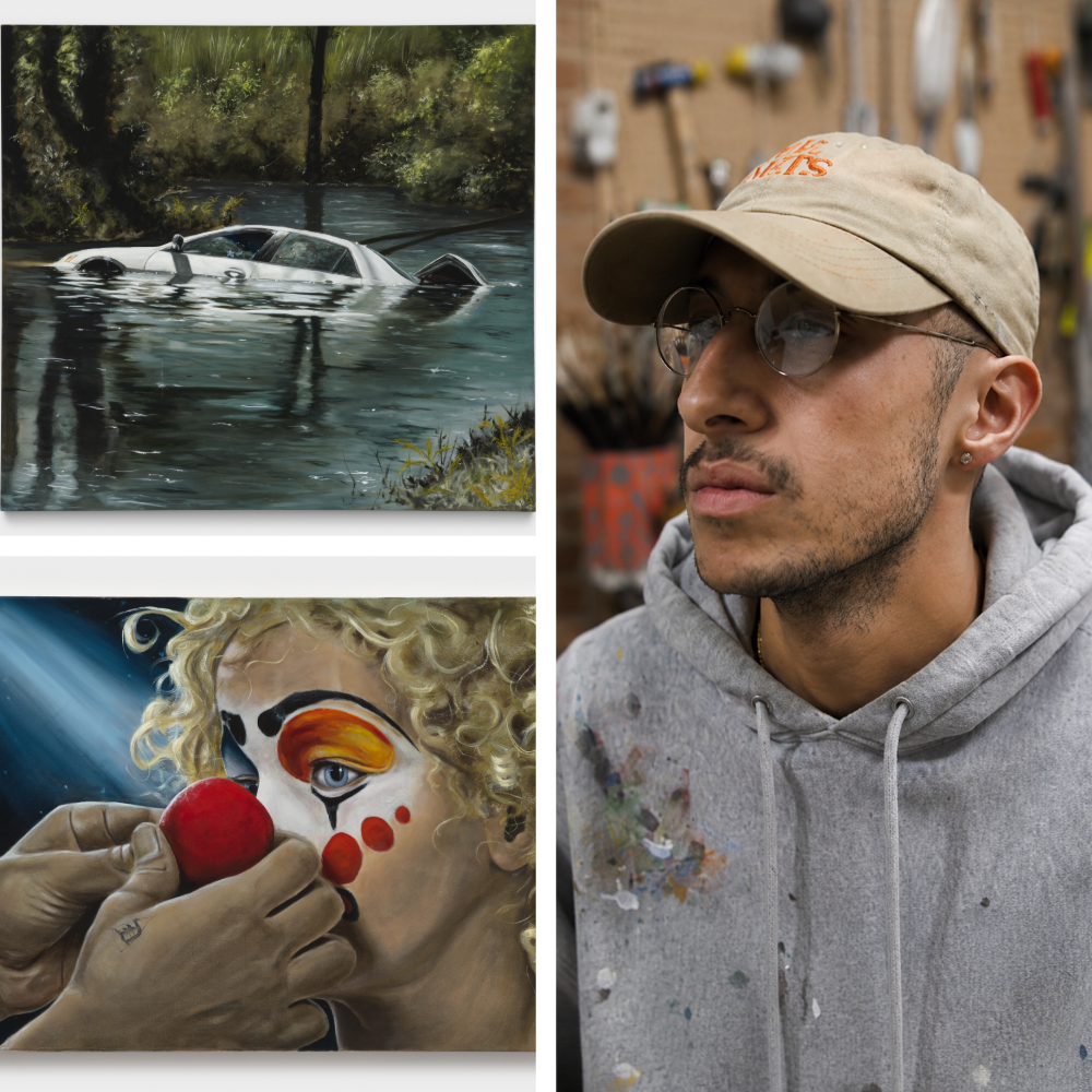 Elbert Joseph Perez and a collage of his work