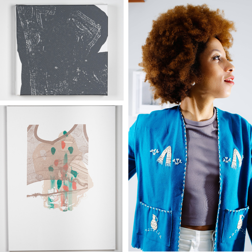 Leslie Diuguid and a collage of her work