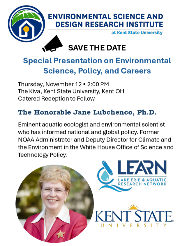 Special presentation on environmental science, policy, and careers with The Honorable Jane Lubchenco, Ph.D. Tuesday, November 12th at 2 PM in the KSU Kiva. 