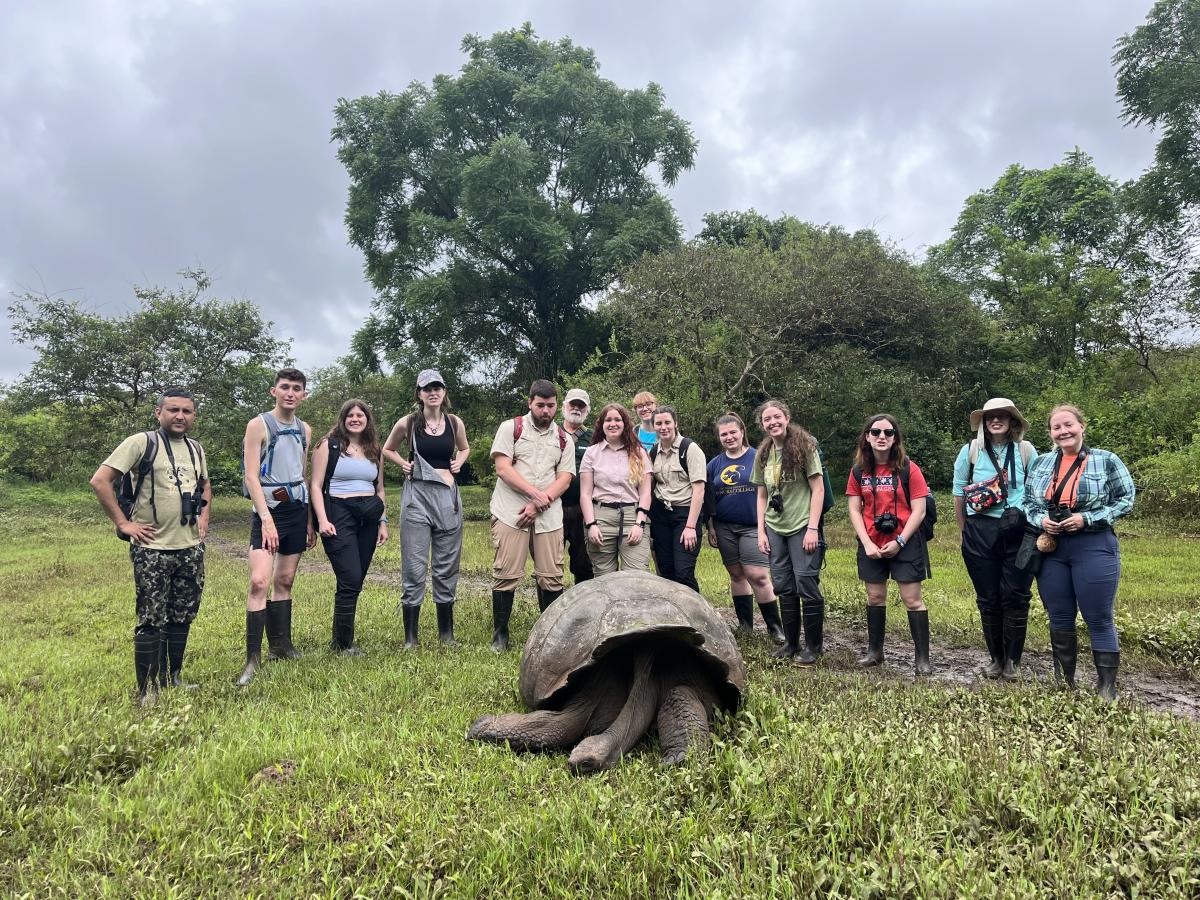 A group of students in Ecuador on a study abroad trip. They are posing with a giant tortoise.