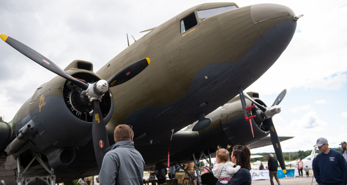 Families enjoy touring vintage warbird at the A&E Expo at �����ƽ�� State Airport.