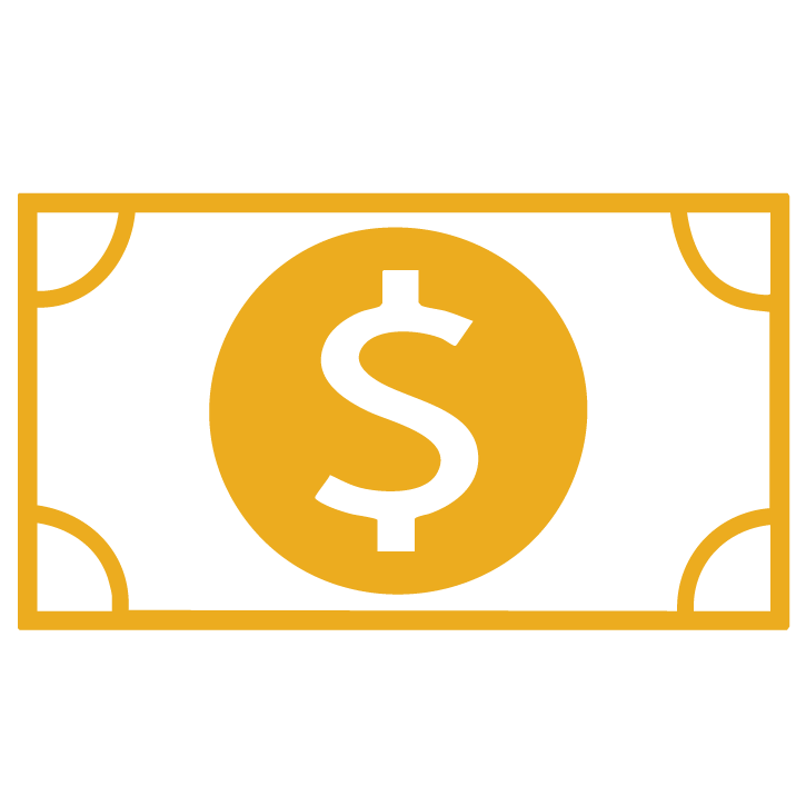 Yellow illustration/icon of a dollar bill with a white dollar sign in the center