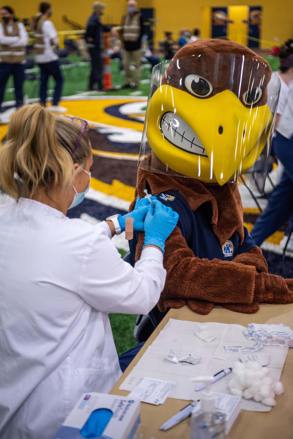 Flash gets a vaccine during Field House event.