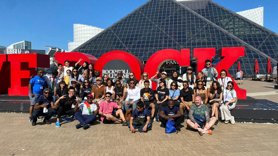 A group of Fulbright Pre-Academic Program participants in front of the Rock and Roll Hall of Fame in Cleveland, Ohio.