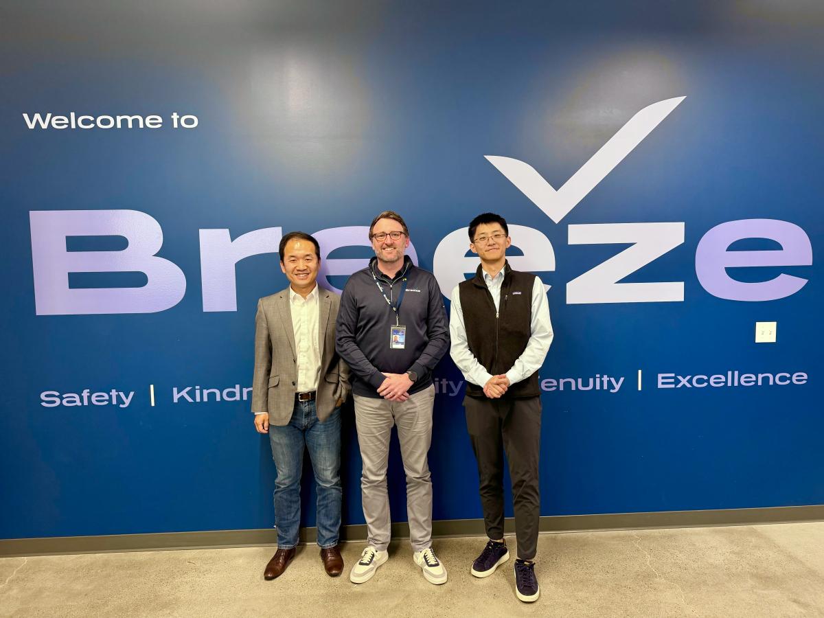 Photo of Dr. Yi Gao, CAE's director of the School of Aeronautics; Eric Walters, Breeze Airways' director of pricing, revenue management, distribution and sales; and Sen Wang, assistant professor in the Department of Geography at The Ohio State University.
