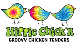 Hippie Chick'n Logo, featuring three illustrated tie-dye chicks and the words "Hippie Chick'n: Groovy Chicken Tenders"