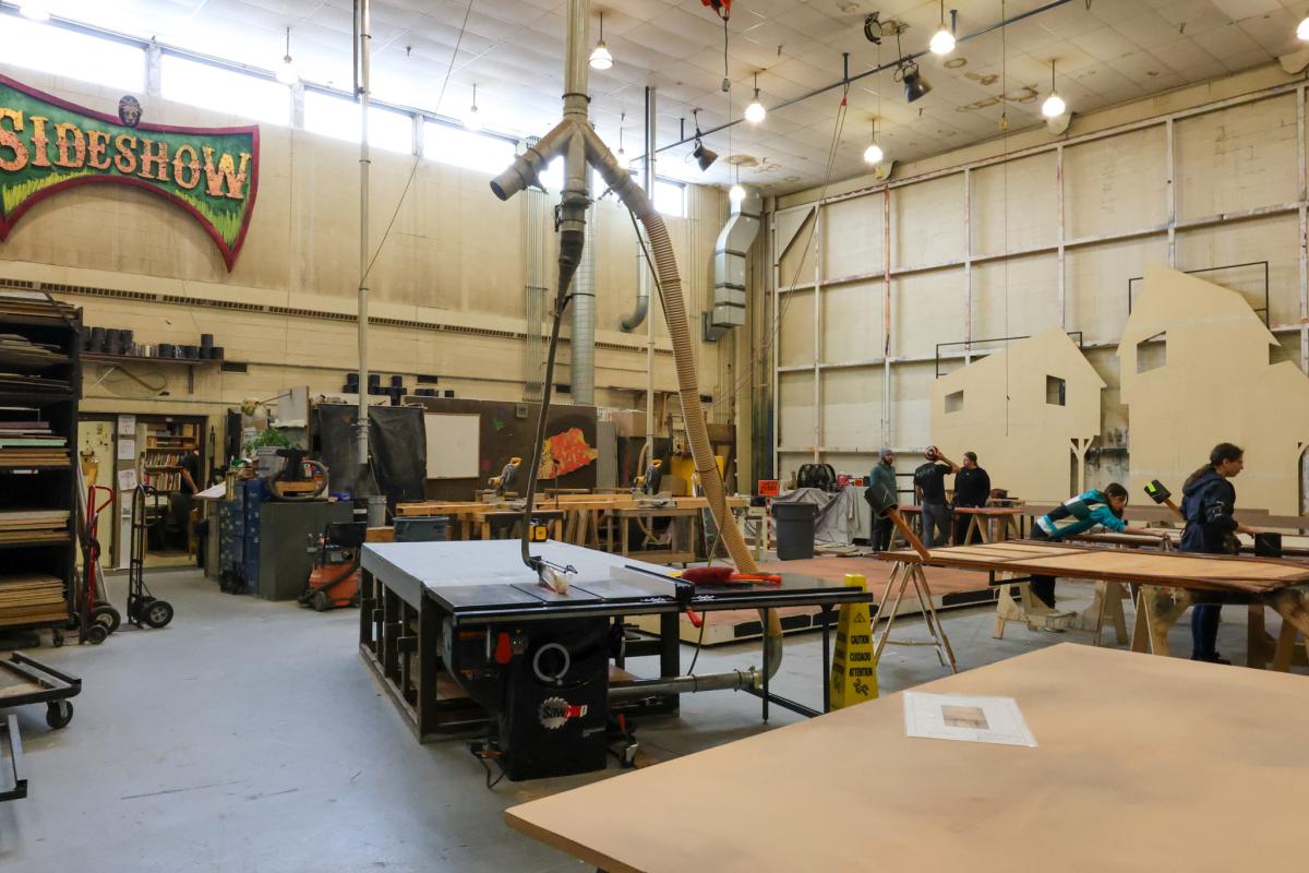 Workshop with tables, props and tools