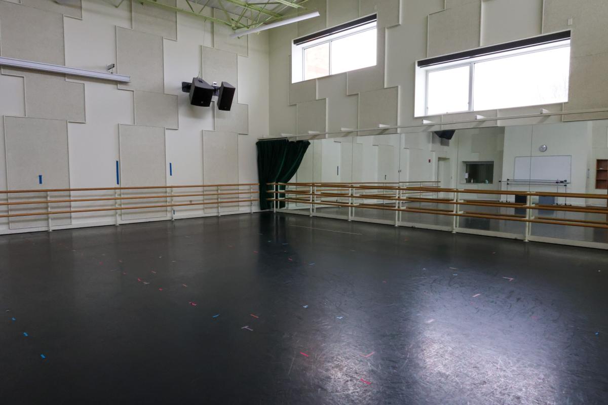 Open space with mirrors and stability bars lining the walls