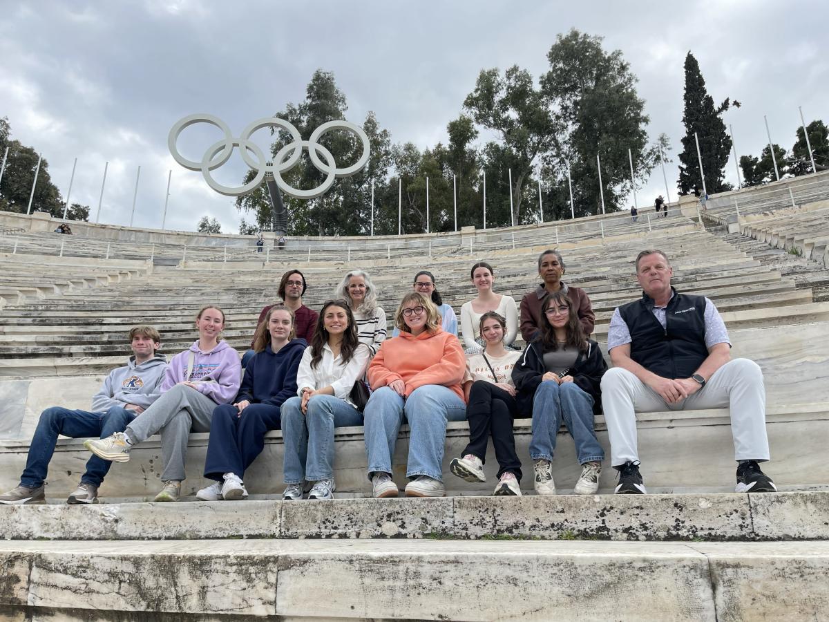 Students taking part in the Business of the Olympics spring break course visit the historic site of the Olympics in Greece.