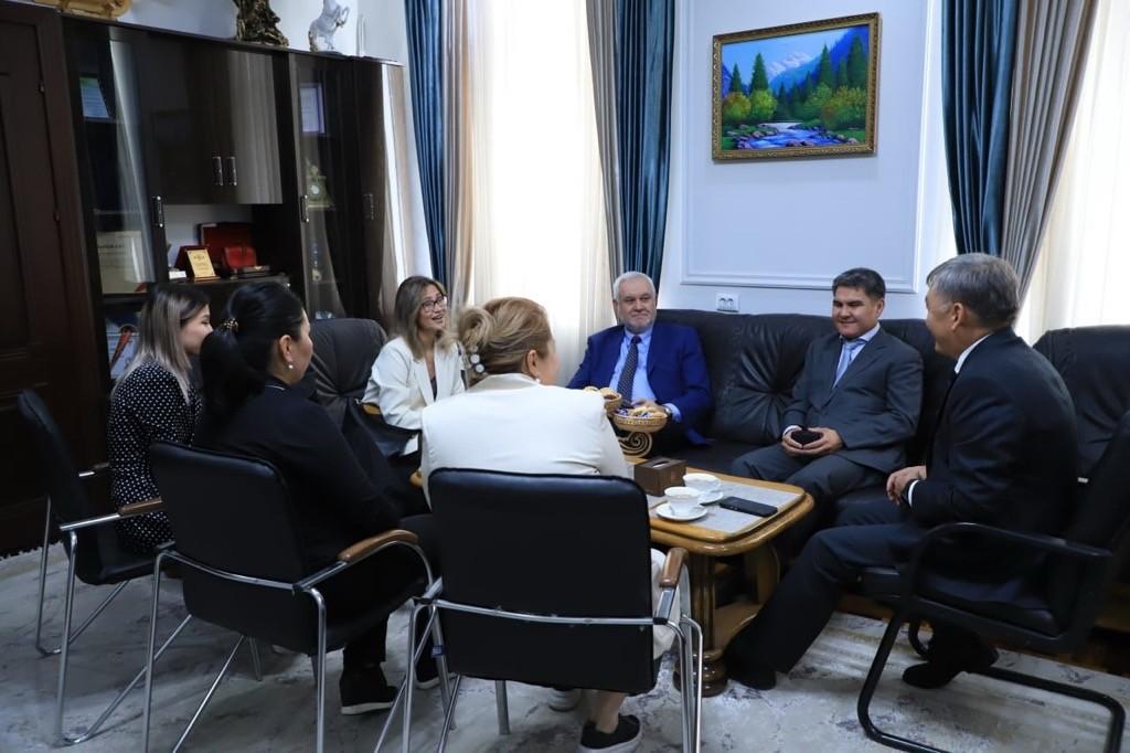 Officials from Kent State's Office of Global Education meet with officials from Osh State University in Osh, Kyrgyzstan.