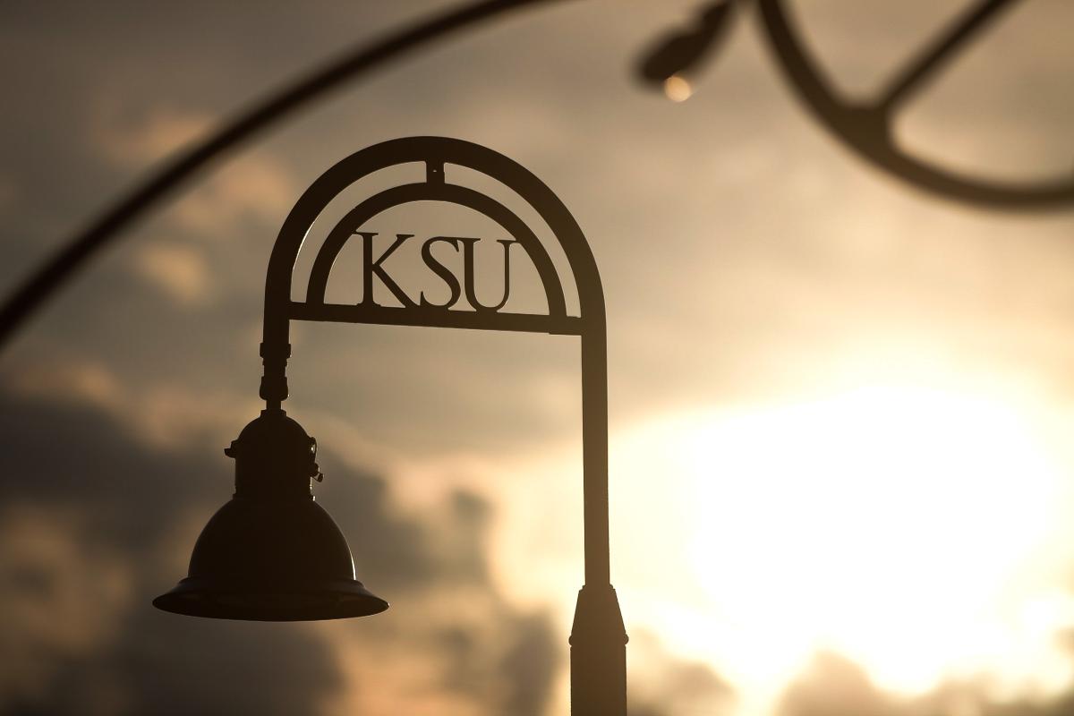 A focused shot of the KSU street light