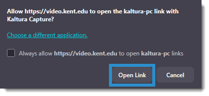 Kaltura Capture application launch dialog