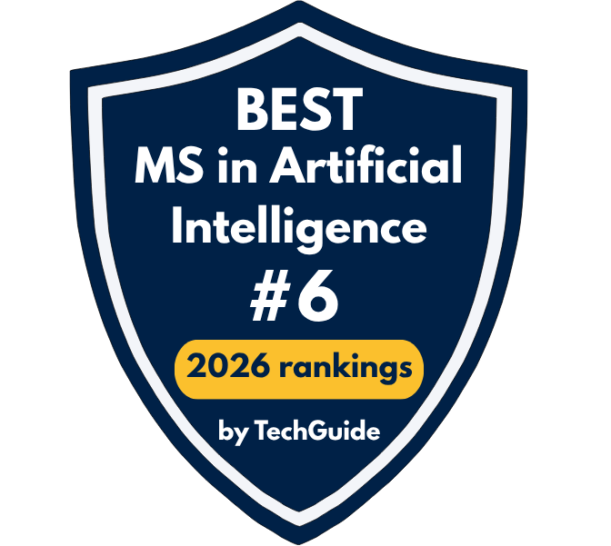 Accreditation logo that reads "BEST MS in Artificial Intelligence #6 2026 rankings by TechGuide"