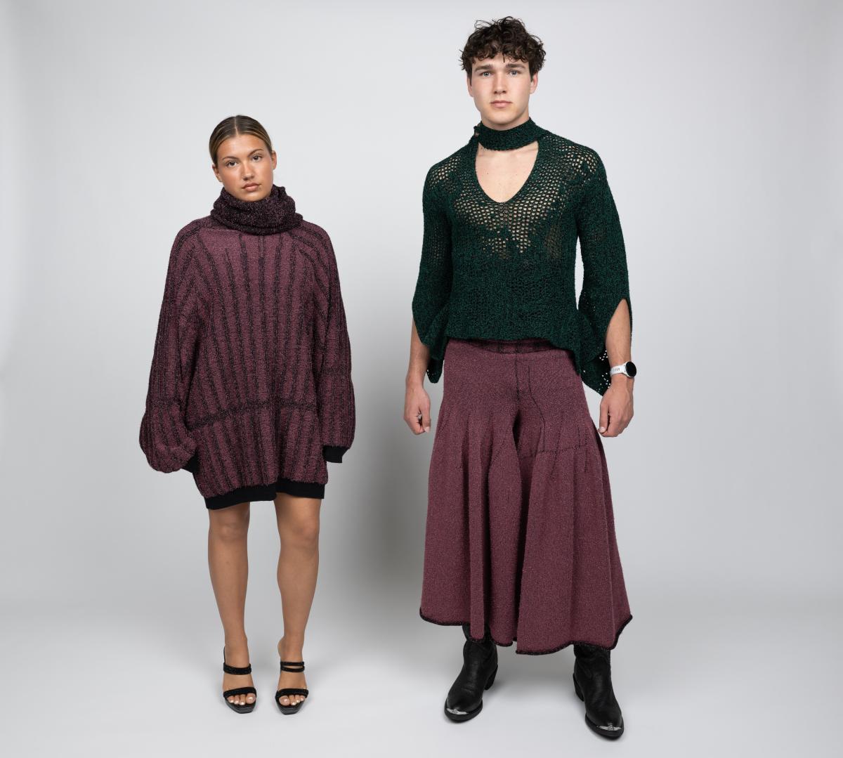 two models wear oversized custom knitwear