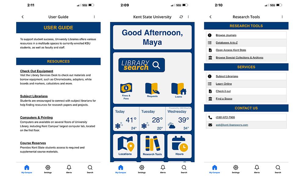 Screenshots of Library OhioLINK app showing user guide, welcome page and research tools