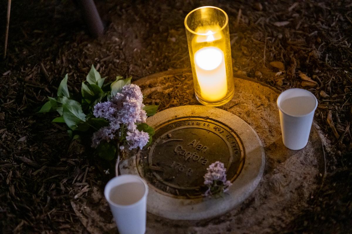 A commemorative marker is on the spot where wounded student Alan Canfora was standing when shot on May 4, 1970.