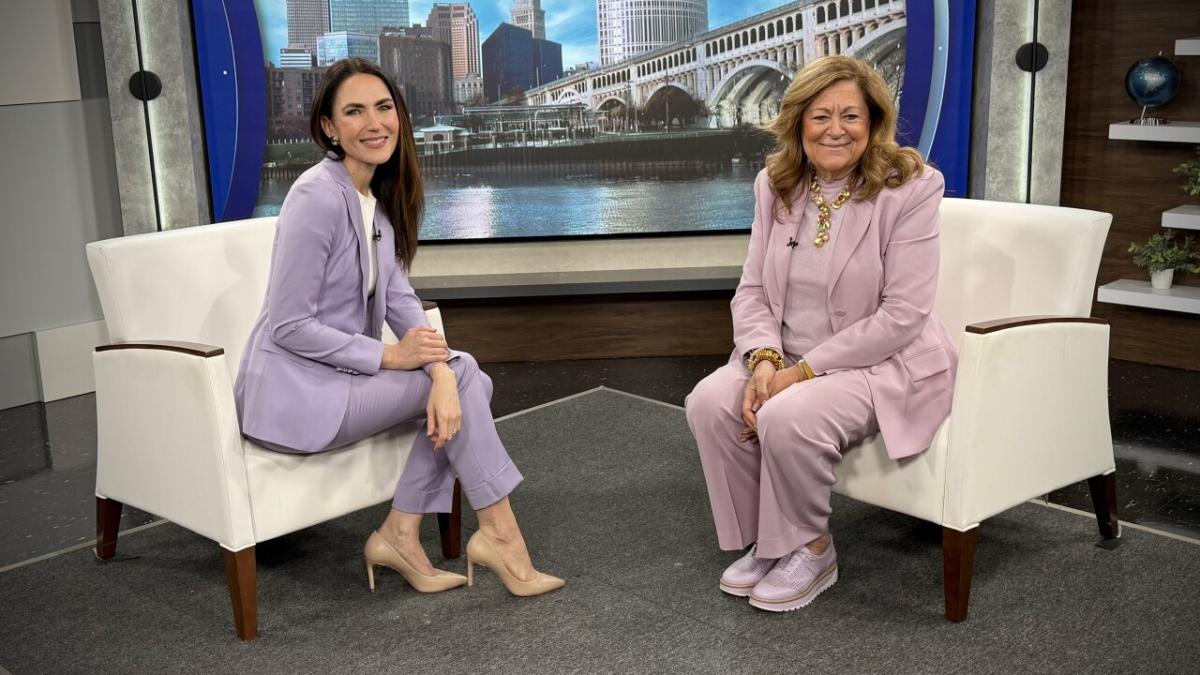 two women sitting in a tv studio having an interview