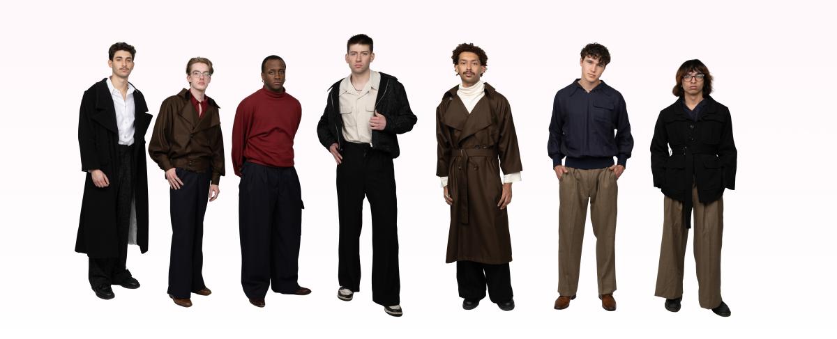 seven models wear mens streetwear with various sweaters and jackets